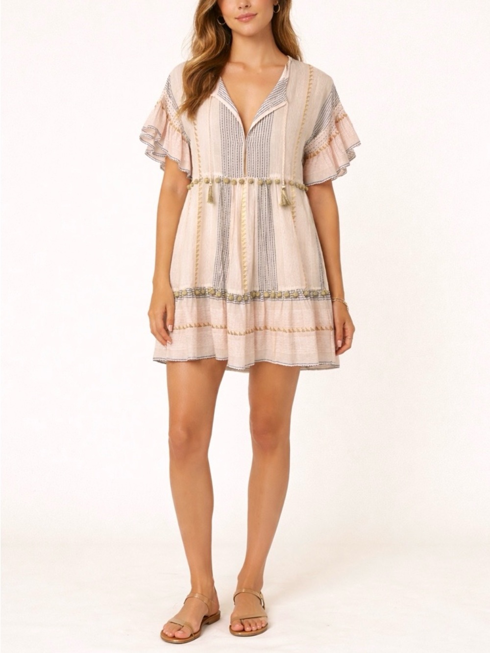 New Saylor Ruffle Pale Pink Gold Tassel Babydoll Dress size medium